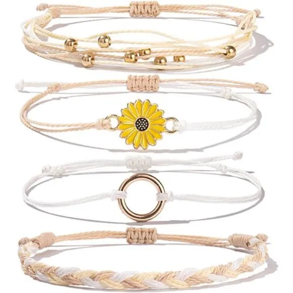 Sunflower String Bracelet Handmade Braided Rope Charms Boho Surfer Bracelet 4Pc - Image 2