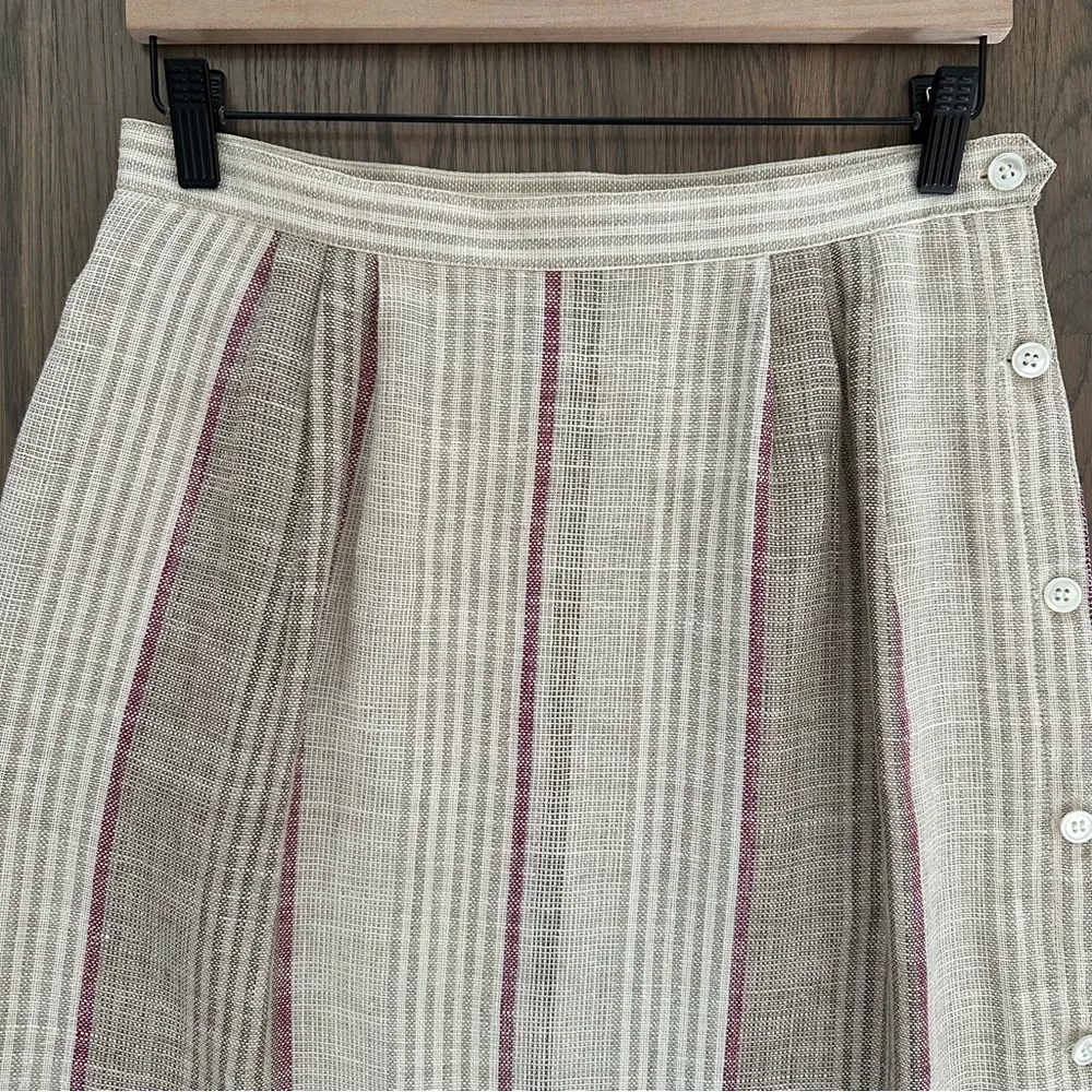 Anthropologie Vintage 100% Linen Midi Skirt in Cream, Tan, and Red Stripe 12/L - Image 2