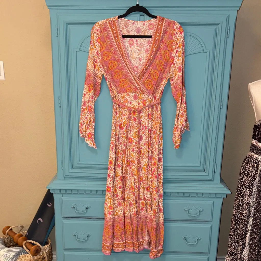 Floral Bohemian Orange, Cream, Aqua, Gold & Pink Maxi Dress Size L - Image 2