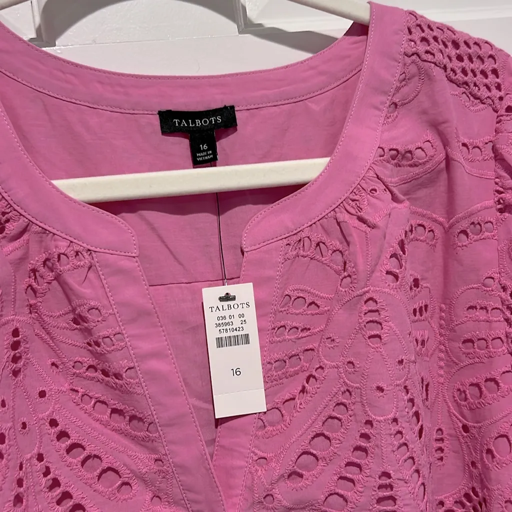 Talbots Eyelet Puff Sleeve Poplin Shirtdress Size 16 Pink Rouge Summer Casual - Image 3