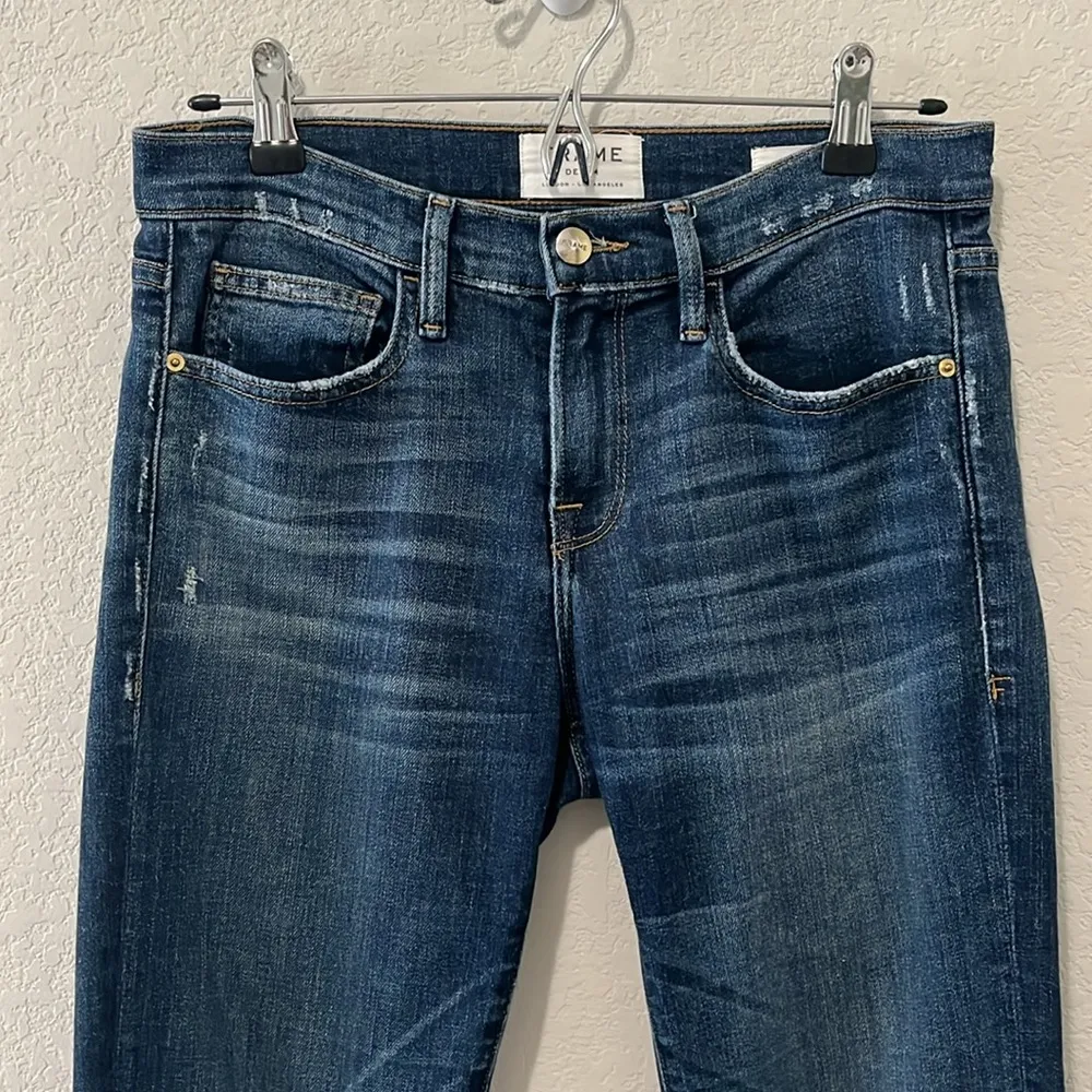 FRAME Denim Le Boy Jeans High Rise Burnett Raw Hem w Slit Gold Rivets, Size 25 - Image 2
