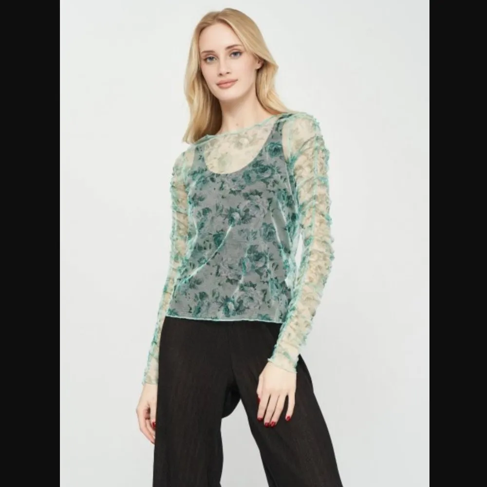 Zara Mesh Top S Green Floral Print Ruched Long Sleeve Sheer Trendy - Image 3