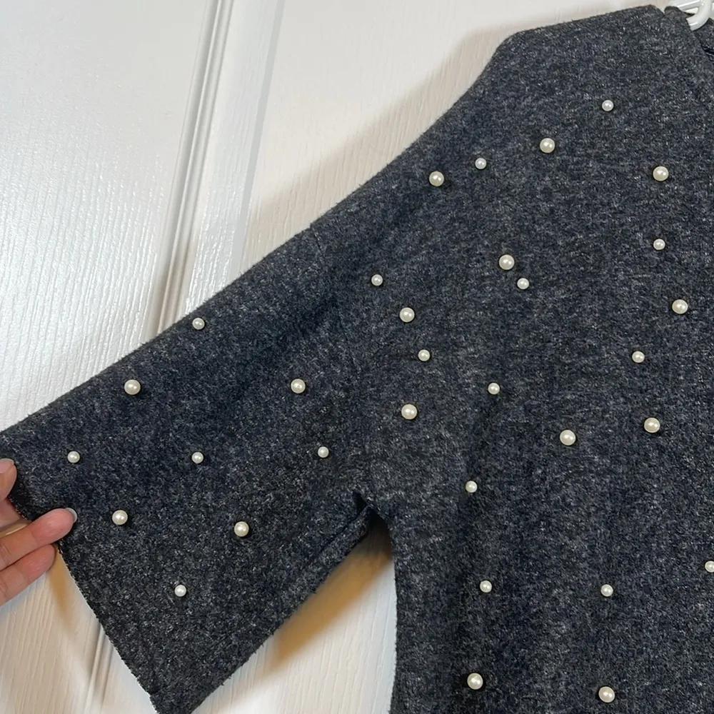 Zara Trafalic Charcoal Gray Soft Crew Neck Sweater Pearls Size Med EUC #7408 - Image 4
