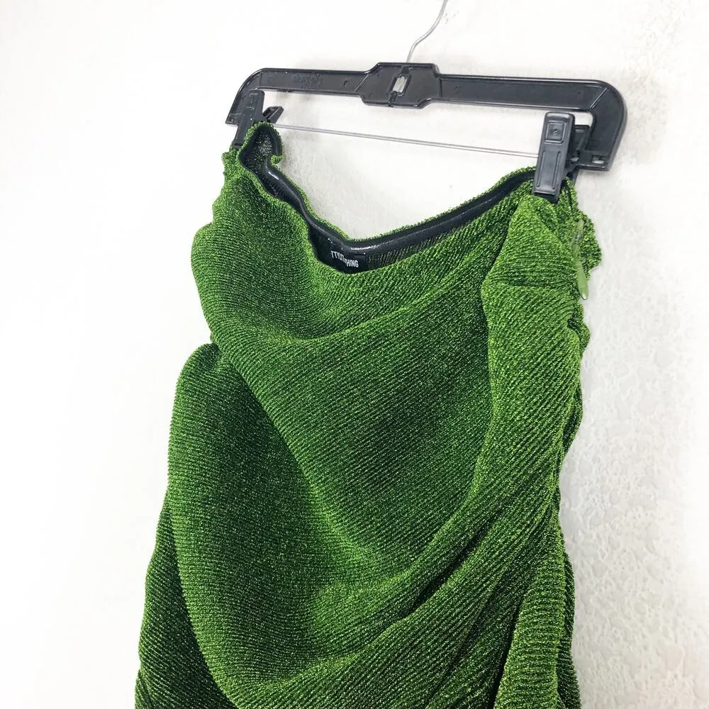 PrettyLittleThing Green Glitter Plisse Ruched One Shoulder Midi Dress Size 12 - Image 7