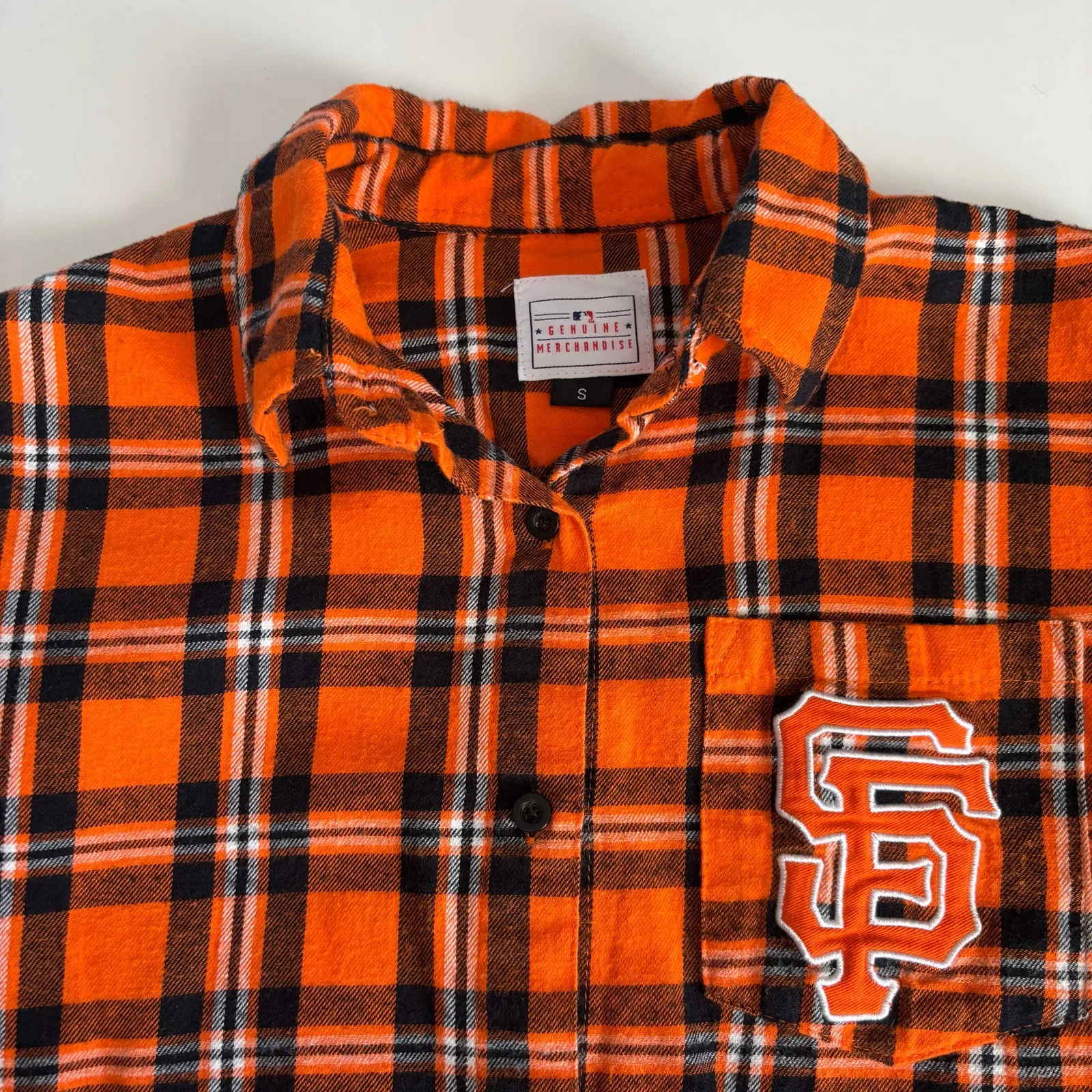 San Francisco Giant’s MLB Orange & Black Button Up Flannel Shirt Women’s Small - Image 2
