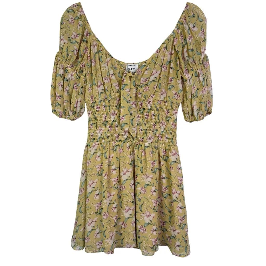 SABO SKIRT‎ Small Aloe Mini Dress Floral Yellow Golden Smocked Peasant Flowers S - Image 4
