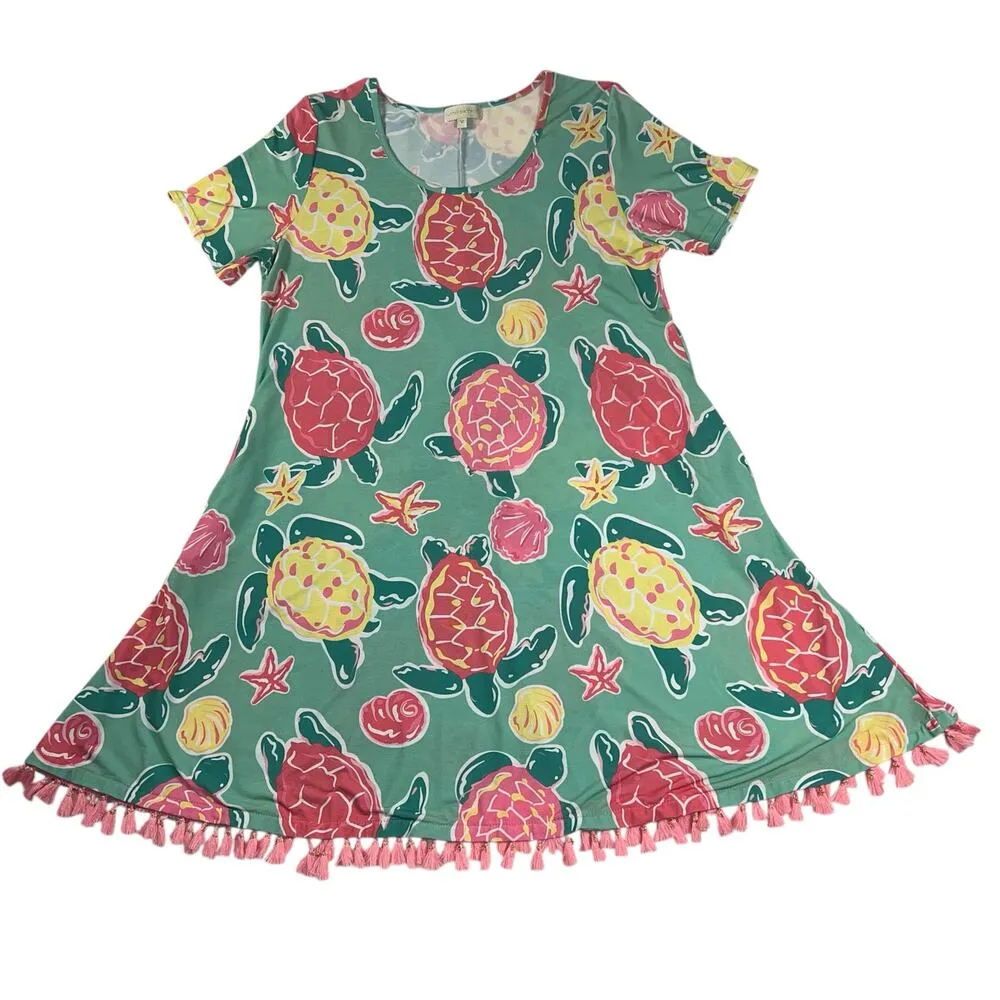 Simply Southern Tassel Beachy Topsail Dress Sea Turtles Pink Yellow Green Size M - Image 4