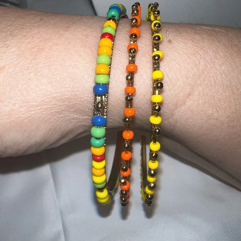 Boho Gold Tone and Colorful Bead Set‎ of Three Bangle Bracelets Orange - Image 2