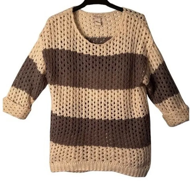 Glimmer Womens Sweater Size L Brown Tan Stripe Crochet Round Neck Pullover Light Size L - Image 1