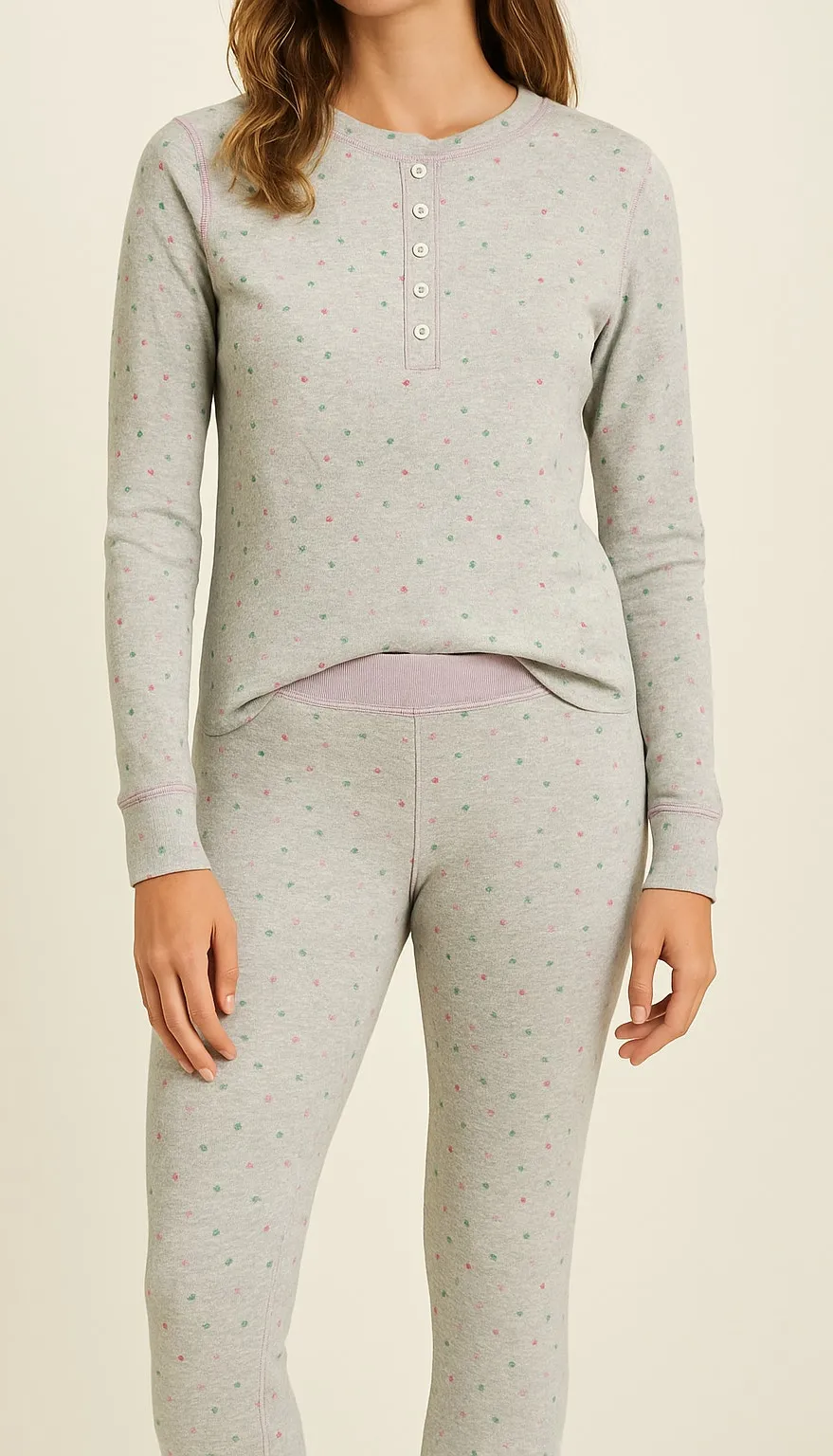 Boden Thermal Pajama Set Henley Top and Jogger Pants Grey Star Print Size US 6 Gray Size M - Image 1