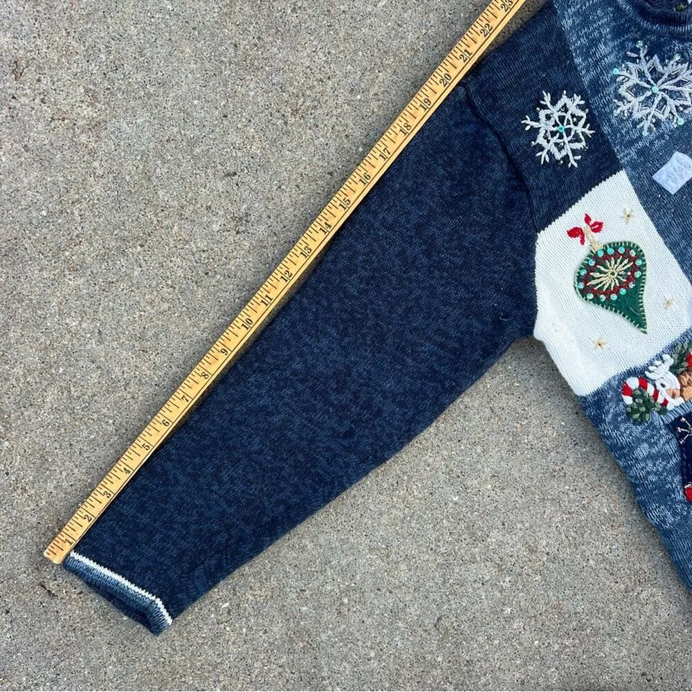 Vintage Y2K Tiara Ugly Christmas Winter Cardigan Sweater Patch Sampler Blue MED - Image 9