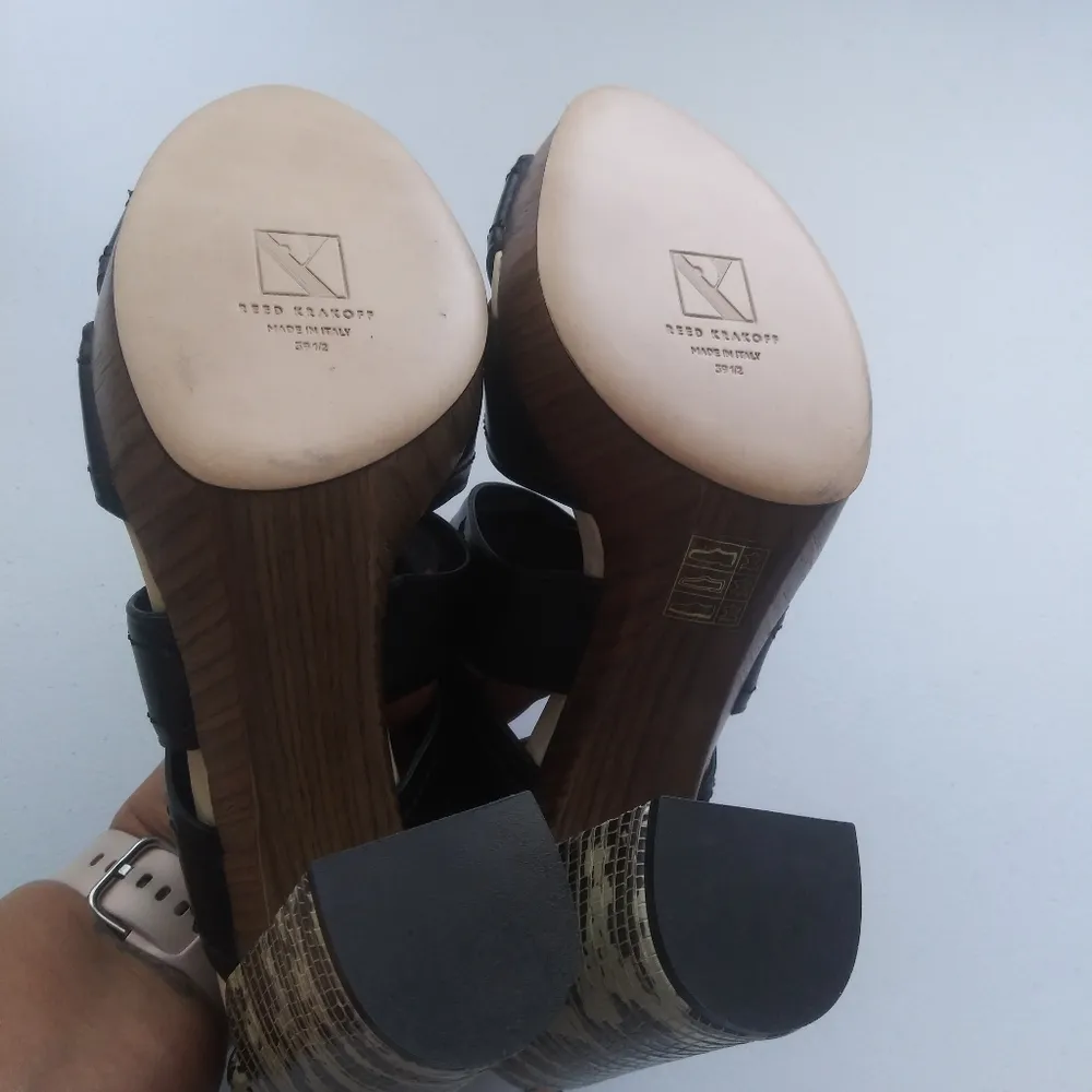 Reed Krakoff Black and Tan Snake Skin Leather Block Heels Edgy Contemporary Sz 9 - Image 11