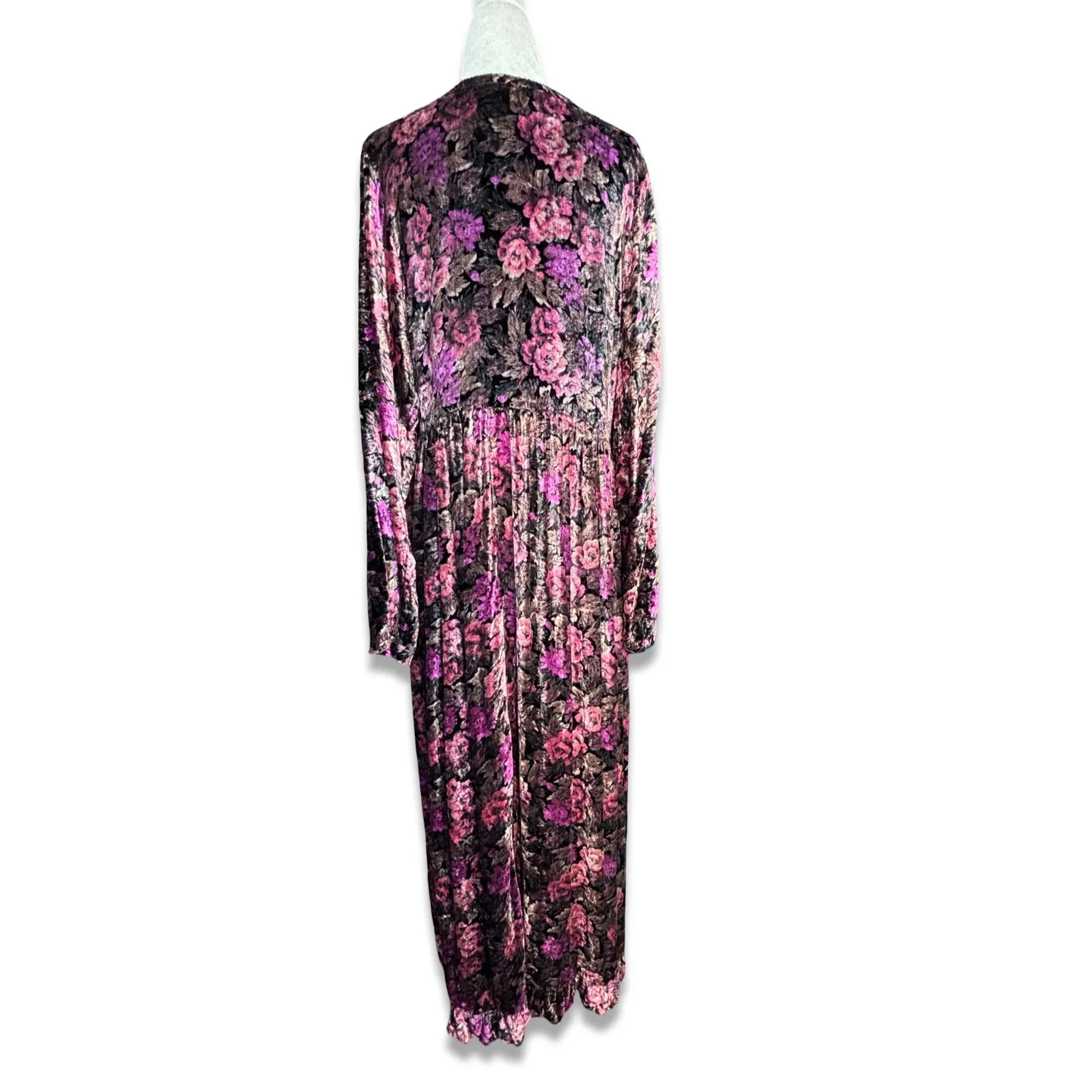 Vintage Nostalgia Dark Floral Velvet Maxi Dress Long Sleeve Button Front Fairy Black Size M - Image 6