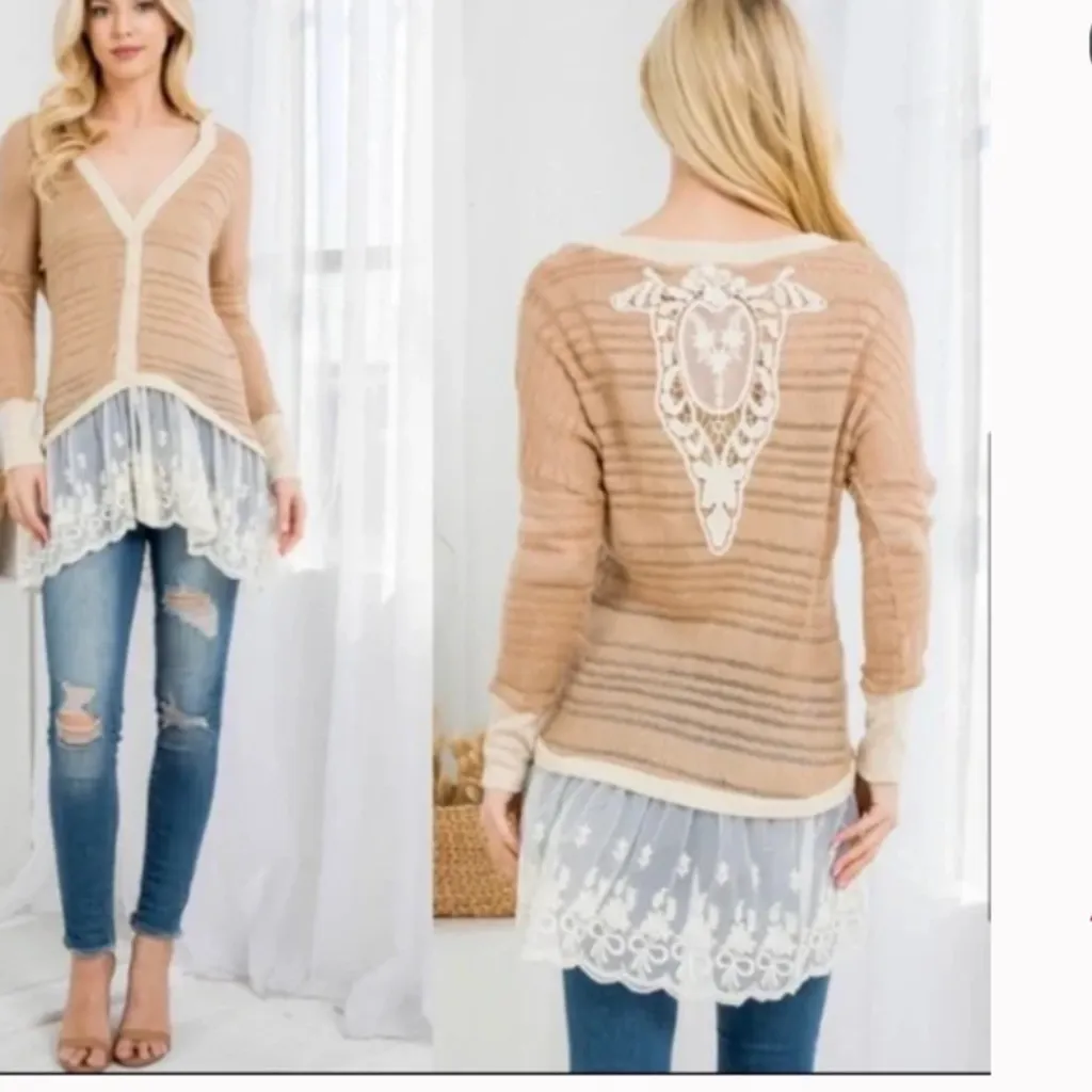 Women’s A’Reve Crochet Lace Cardigan in Latte Combo sz small NWT Tan - Image 2