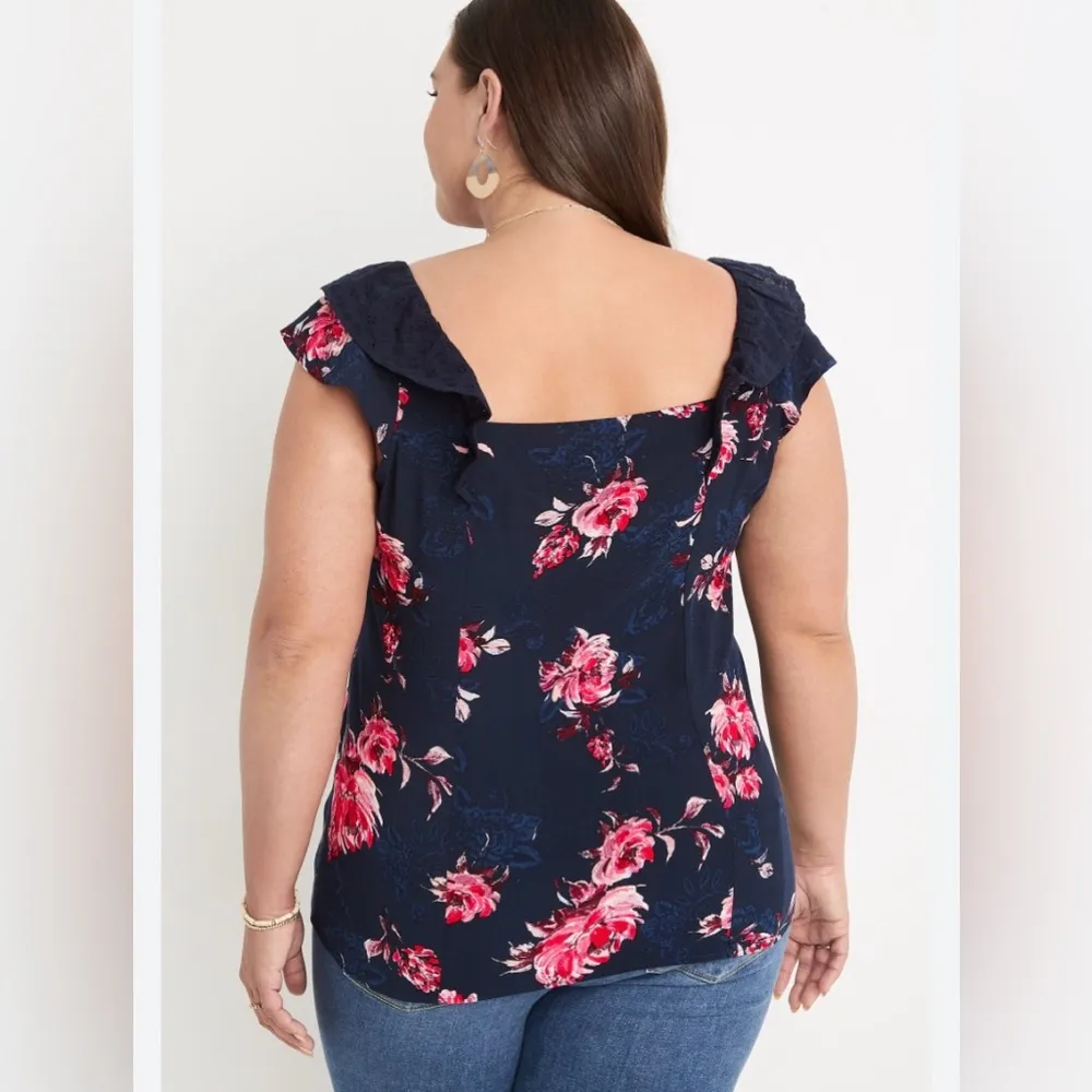 Maurices Navy Blue Floral Eyelet Trim Flutter Sleeve Top Summer Spring Blouse M - Image 12