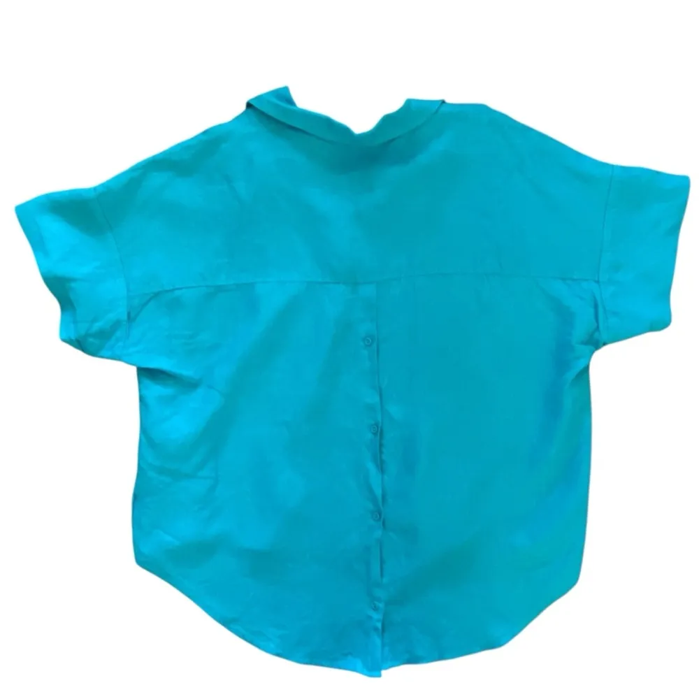 Soft Surroundings Hi-Pointe 100% Linen Button-Back Top Aruba Blue Size 2X - Image 3