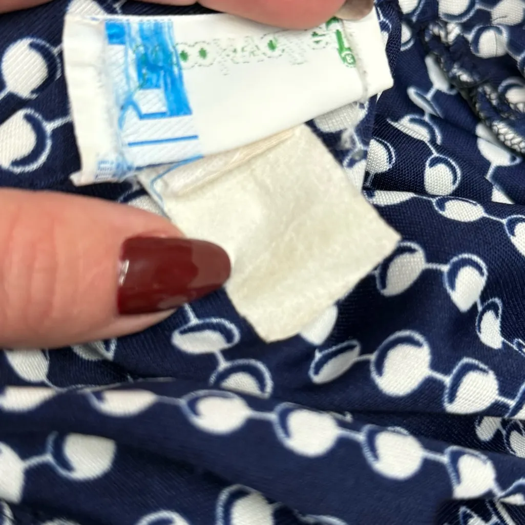 Vintage 1970s Navy & White Disco Dagger Collar Blouse Circles Print Button Front Blue Size L - Image 8