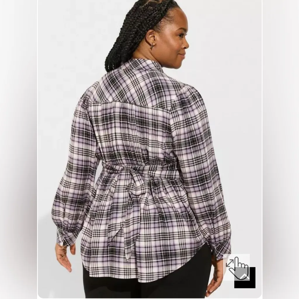 Torrid New Softest Flannel Tie Back Button Up Tunic Purple Plaid Plus 2X - Image 4