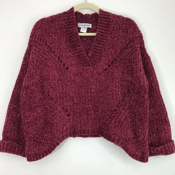 Cotton Emporium New Chenille Chunky Knit Sweater V-Neck Pullover Burgundy - Image 3