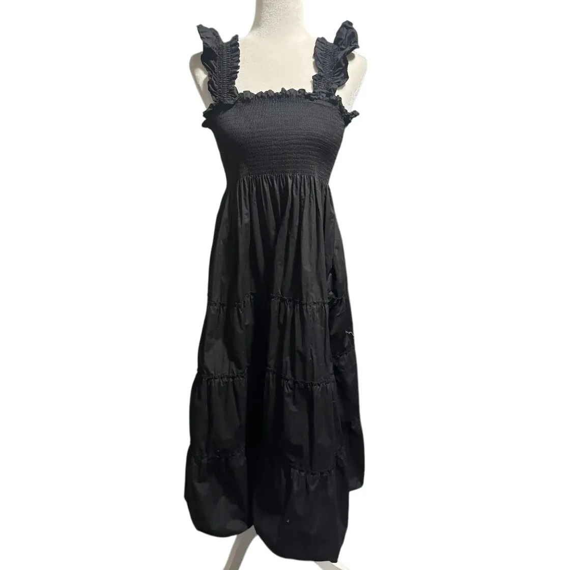 Quince Black Smocked Tiered Midi Dress – Organic Cotton – Size L - Image 2