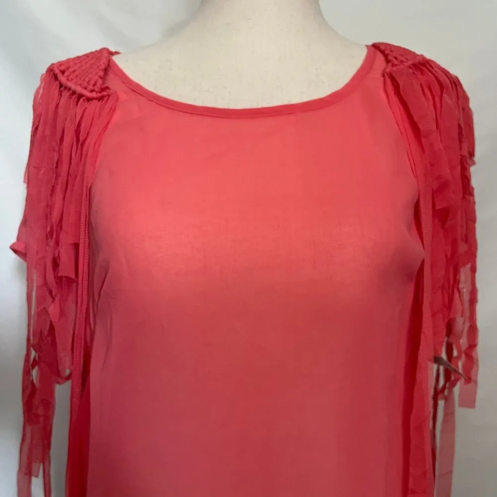 MAAC London Sheer Fringe Womens Top Sz L Y2K Festival Boho Coral Macrame Western Pink Size L - Image 13
