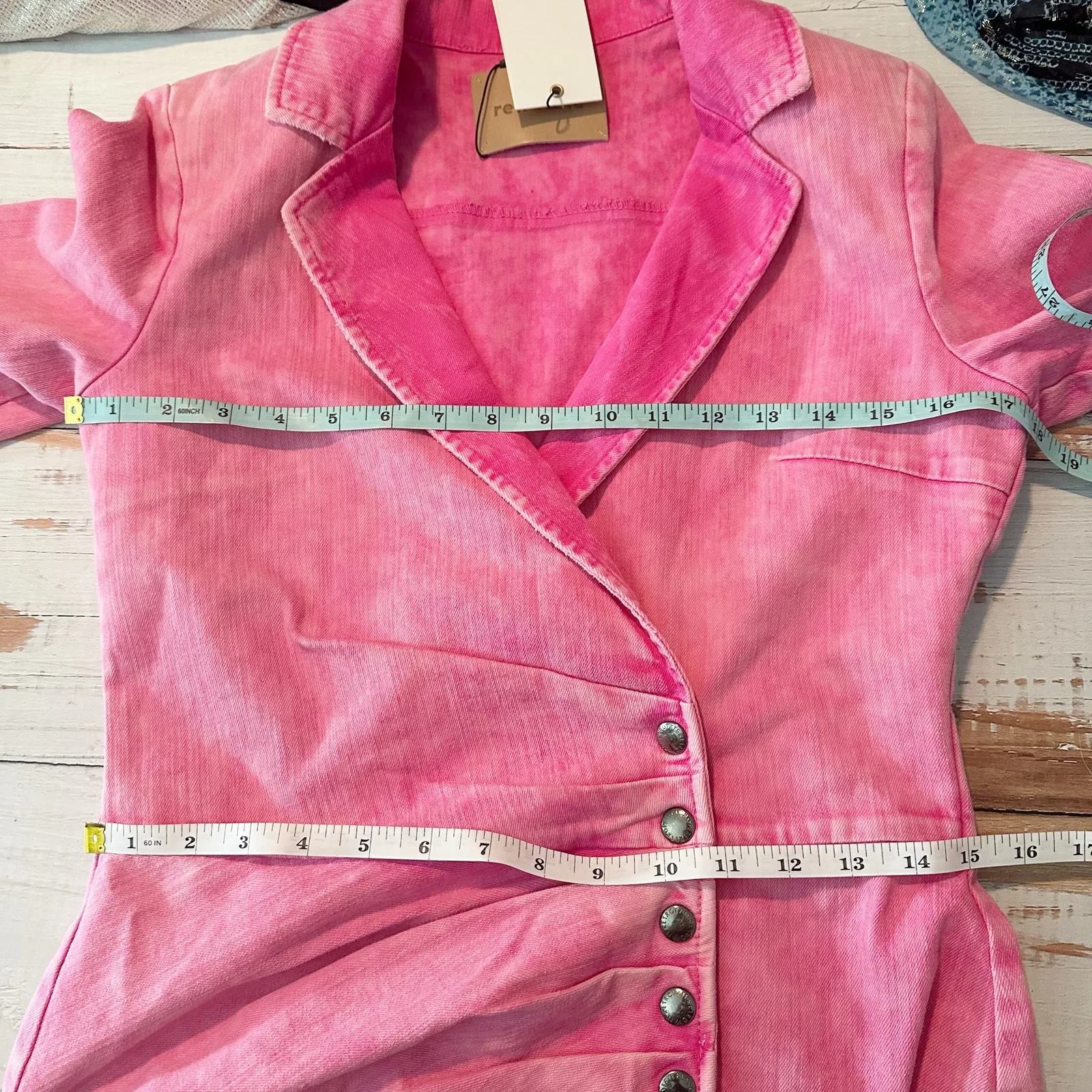 Retrofete Willa Denim Mini Dress Vintage Pink Size Large Stretch Distressed - Image 9