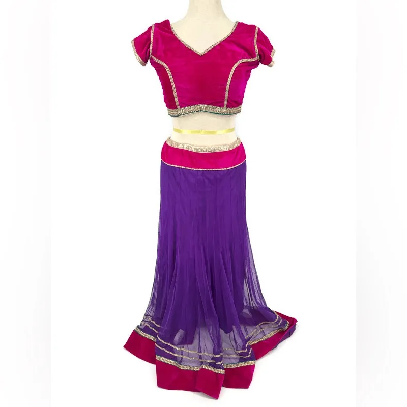 Traditional Indian Lehenga Choli Set Net Skirt with Dupatta Embellished Trim Med - Image 2