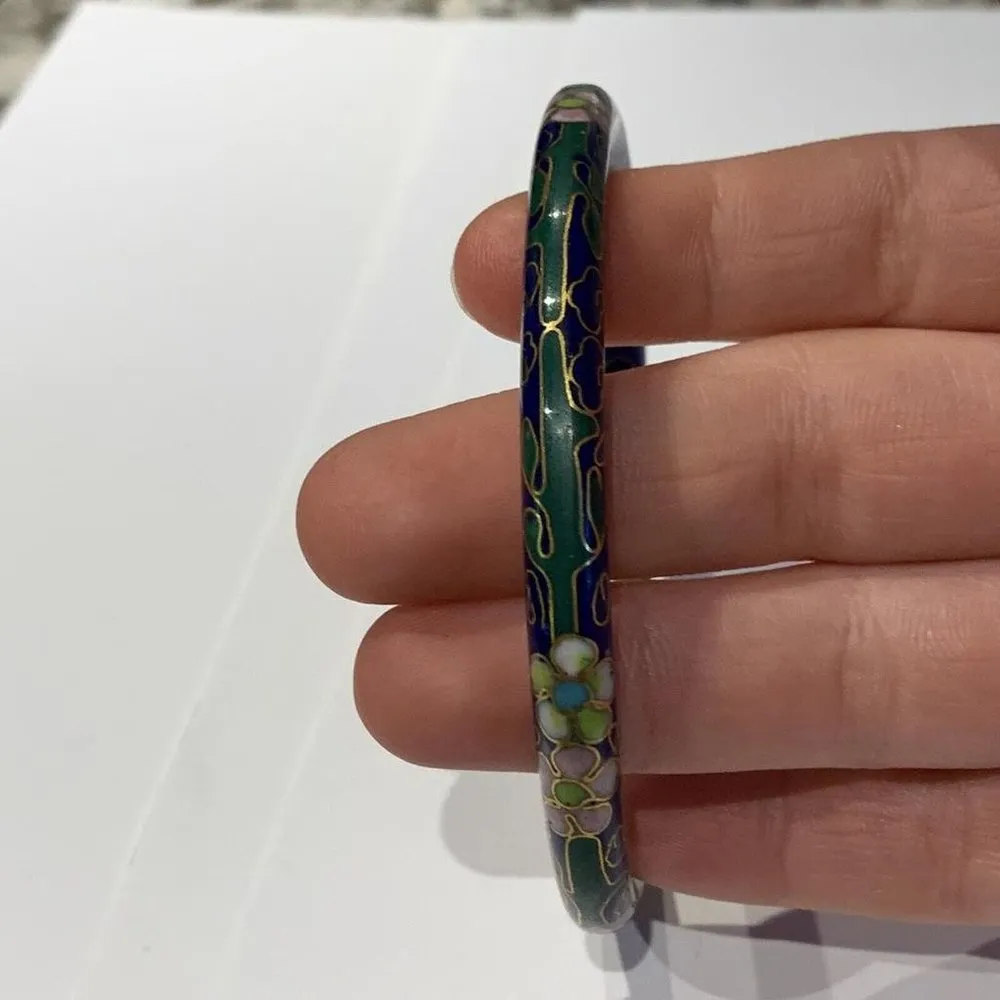 Cloisonné Vintage Costume Bracelet Bangle Blue Flower Pattern - Image 6