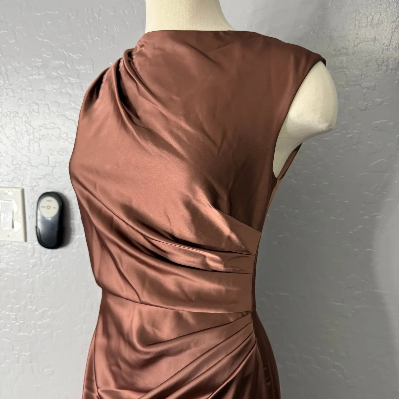 After Six Pleated Cap Sleeve Charmeuse Gown Cognac - Image 3