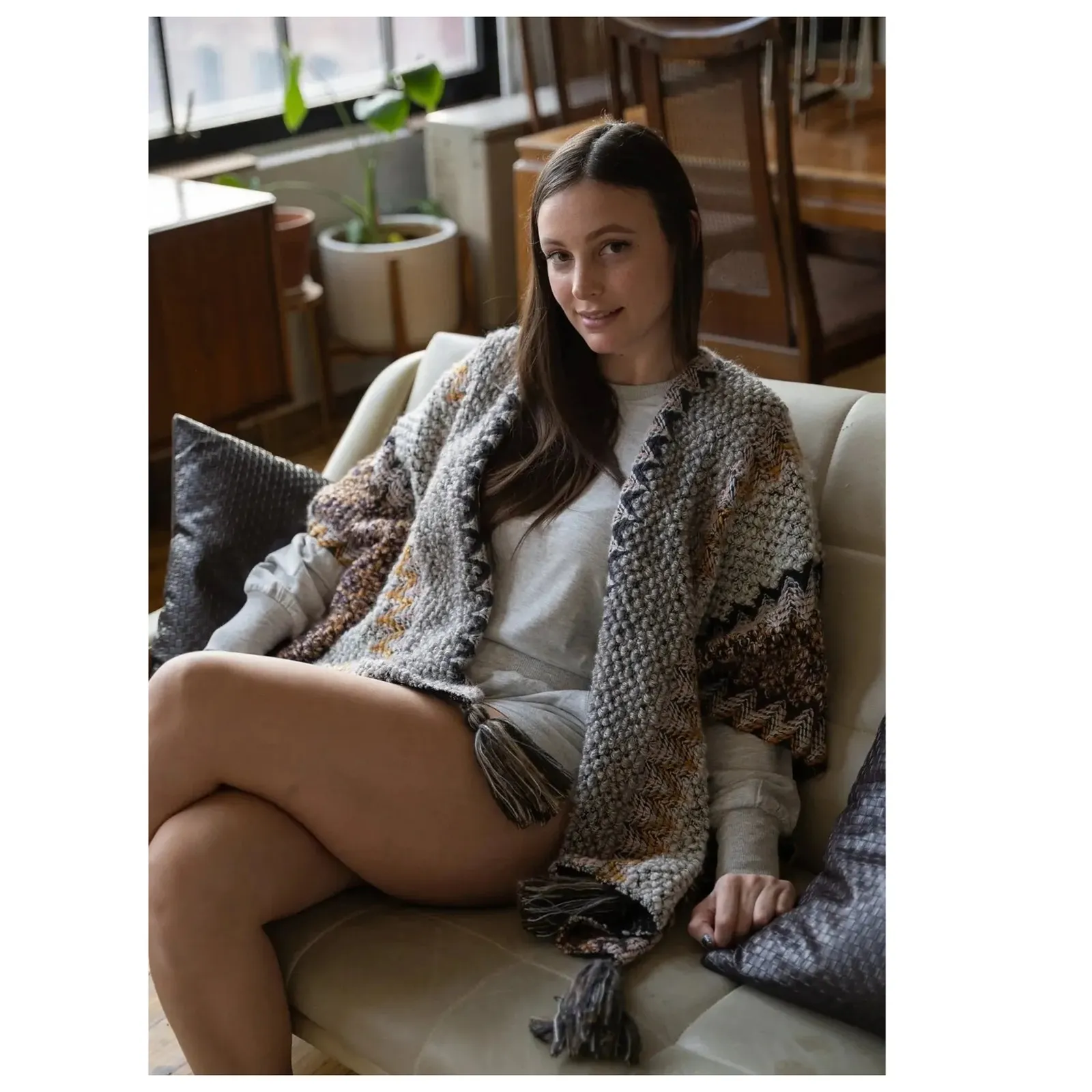 SAACHI Multi Chevron Knit Fringe Duster One Size Gray Size 12 - Image 2