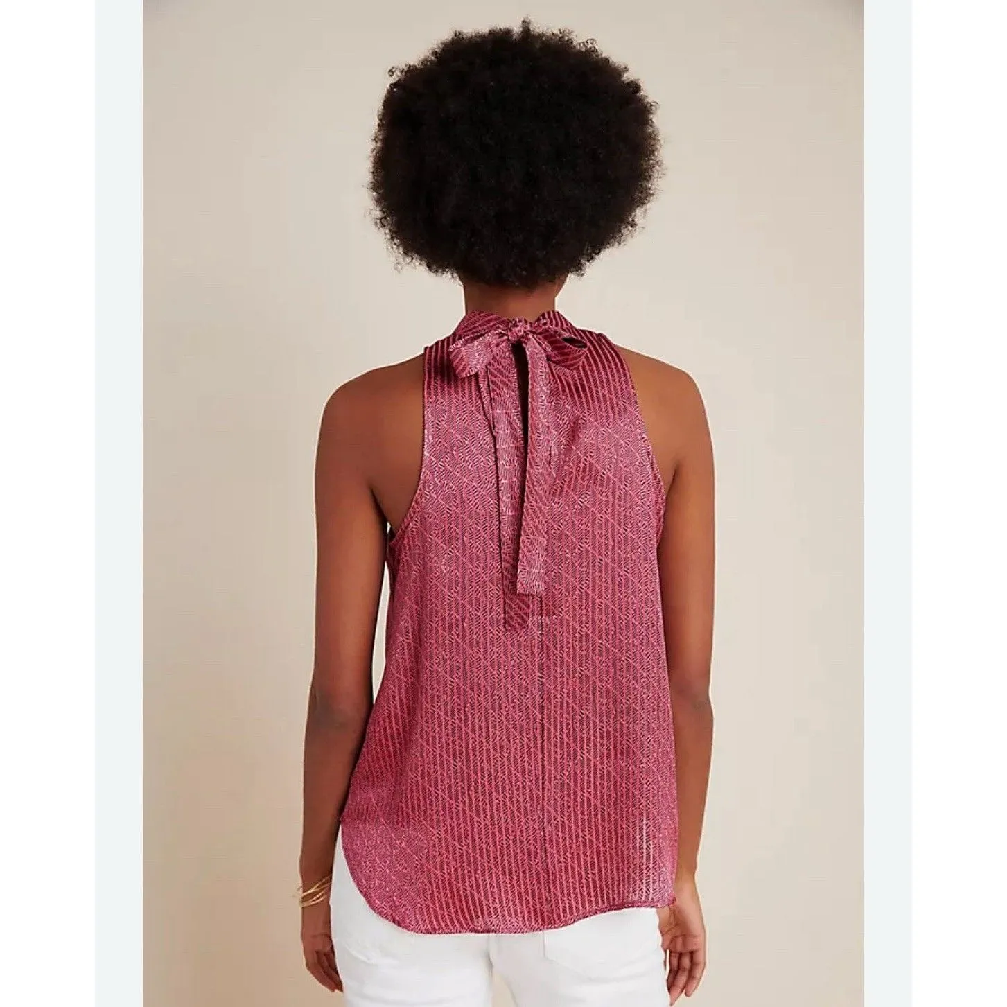 Anthropologie Maeve High Neck Tank Size M Pink Geometric Satin Tie Bow - Image 2