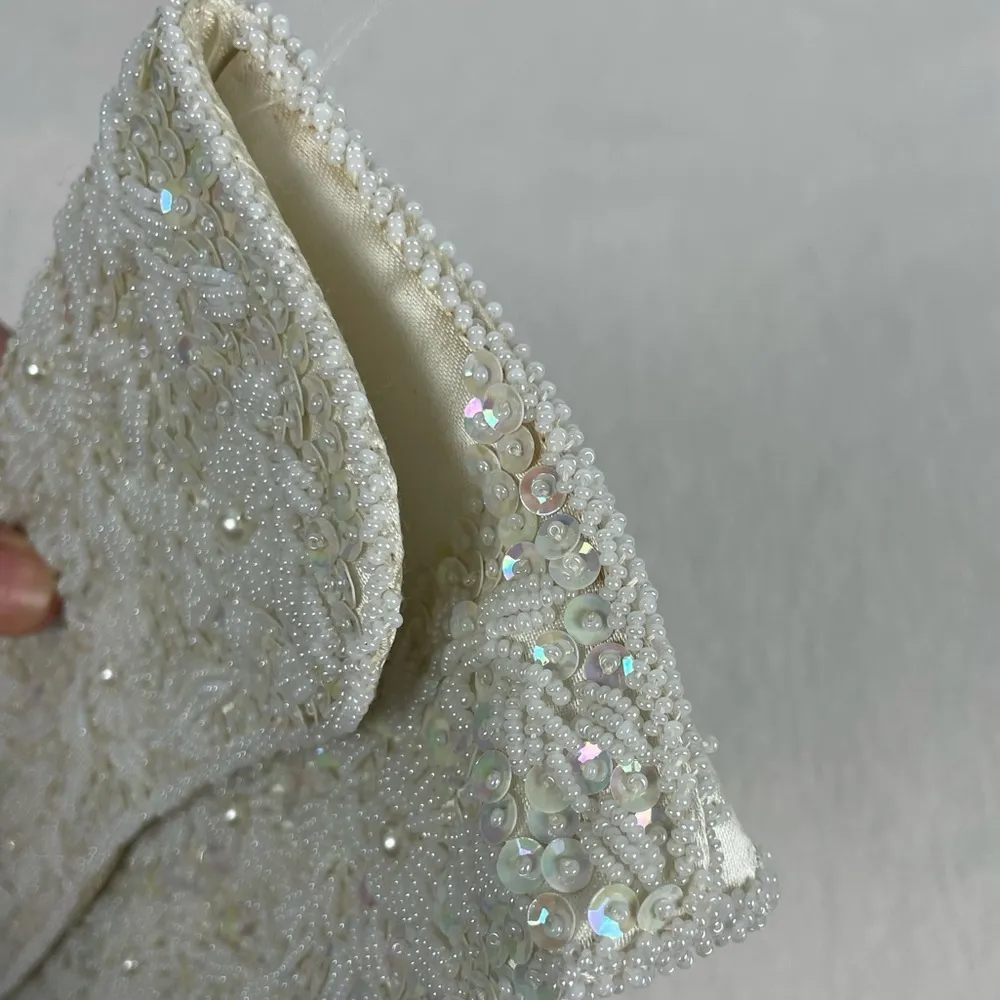 Vintage Handmade Floral Beaded Sequins Satin‎ Clutch White - Image 4