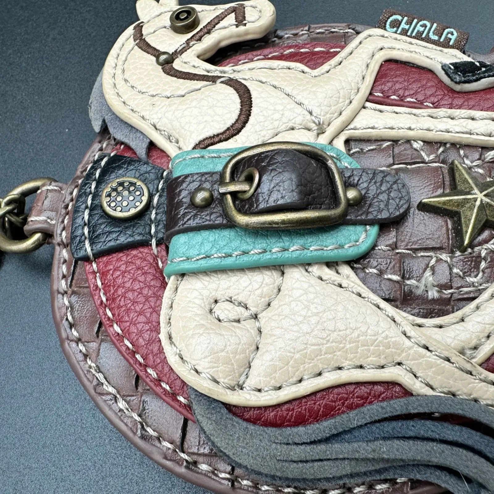 CHALA Horse Charm Coin Pouch Keychain Brown Woven Leather Accessory - Image 2