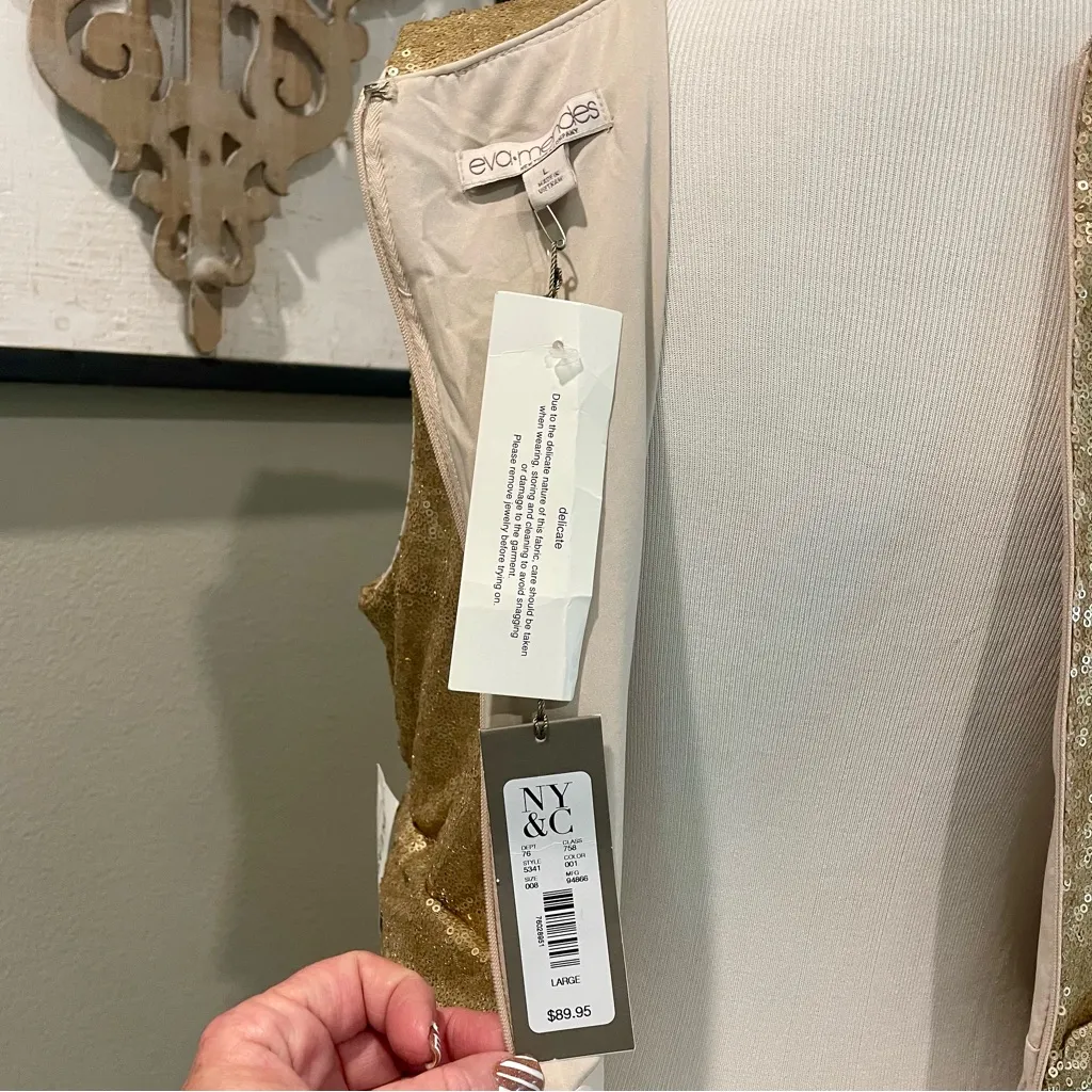 NY & Co Eva Mendes Gold Sequin Cocktail dress Fit and Flare Size Large NWT - Image 6