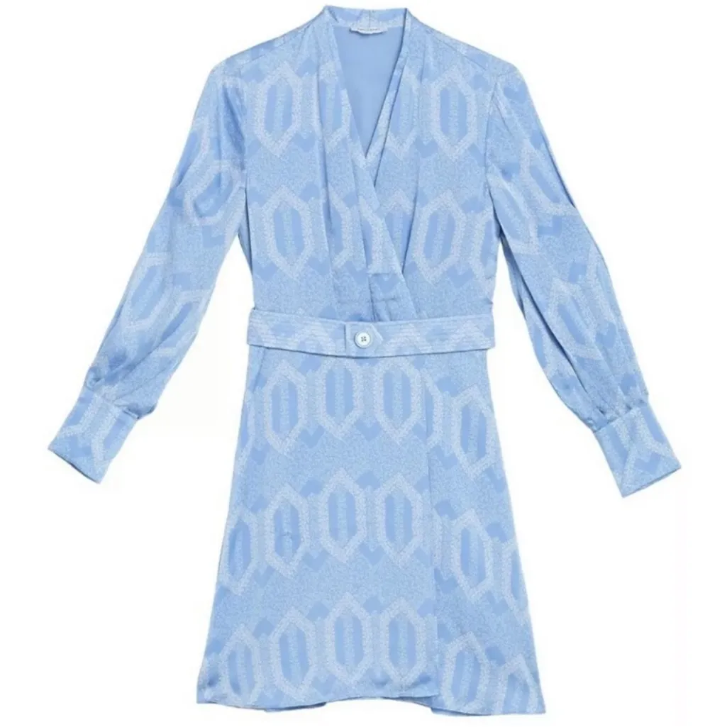 NWOT Equipment Fanetta Geo Printed Blue Long Sleeve Belted Wrap Dress 6 MSRP$425 - Image 10
