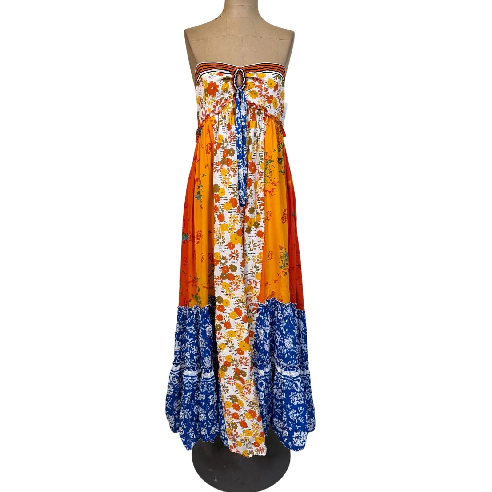 Free People Golden Dreams Strapless Maxi Dress Blue & Orange Floral New Small - Image 4