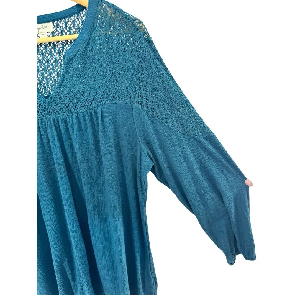 Style & Co Womens Plus 3X Kale Lace Shoulder Texture Split Neck Blouse NWT Boho‎ - Image 5
