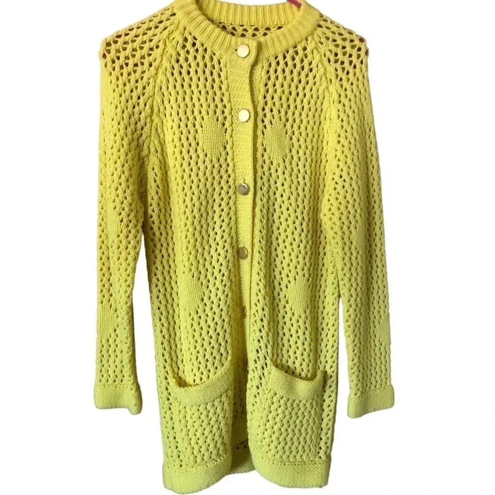 Vintage Authentic 60s 70s yellow cardigan Crochet Sweater Grandmacore Twee Size M - Image 2
