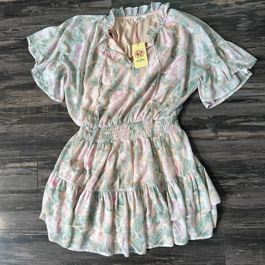 Entro Womens‎ Floral Print V-neck Ruffle Sleeve Tiered Midi Dress Size large - Image 6