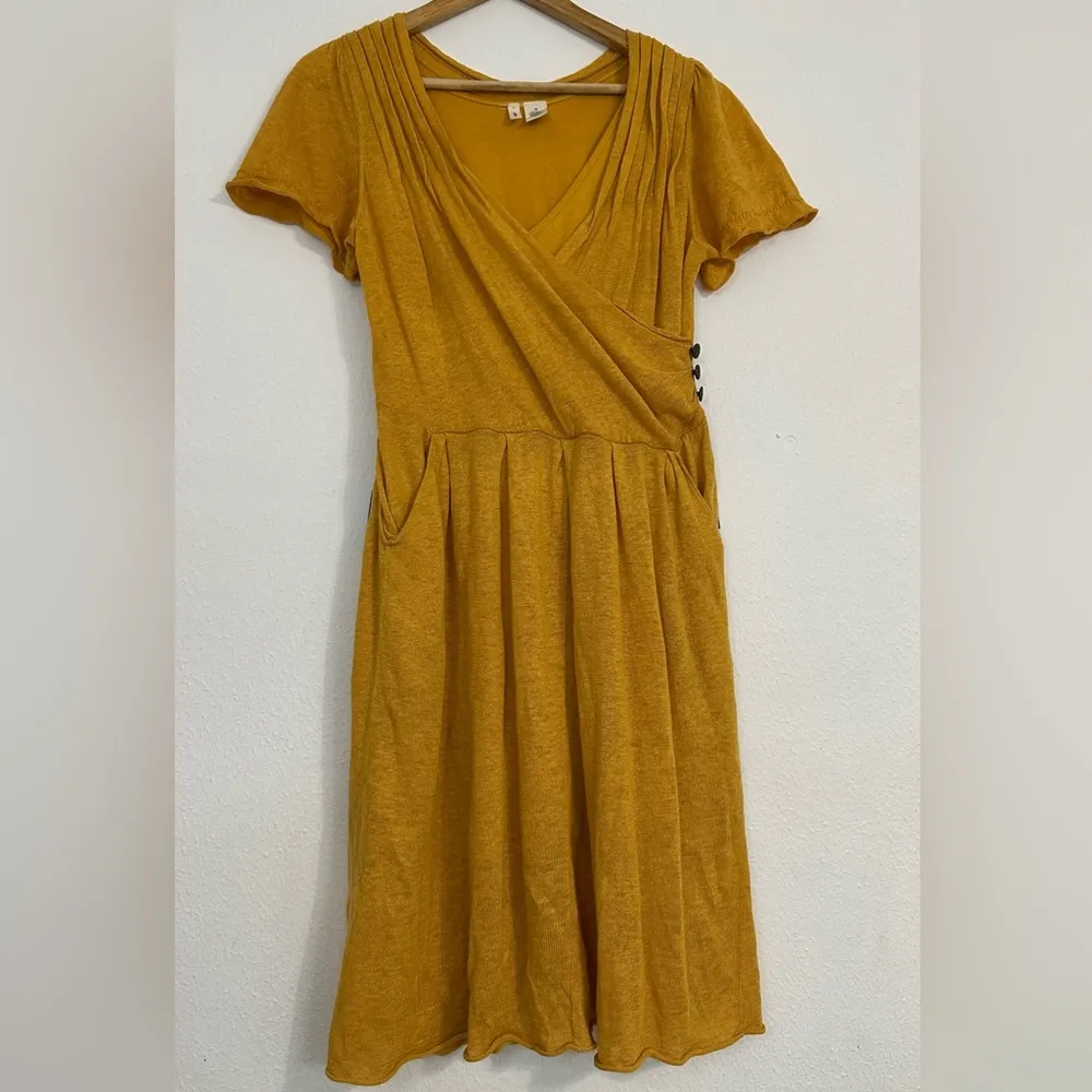 Anthropologie By Moth Mustard  Sweater Wrap Puff Sleeve Mini Dress With Pockets - Image 7