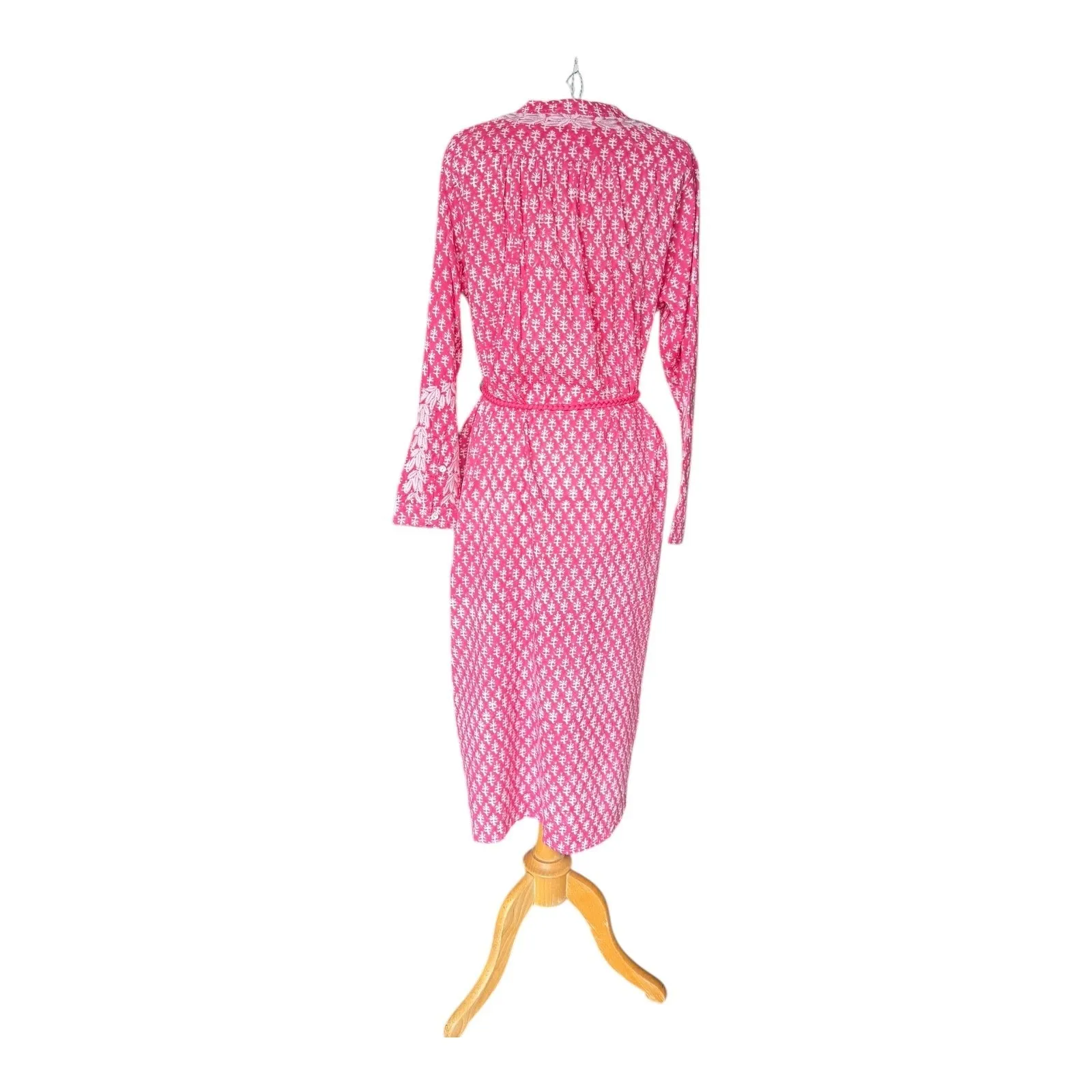 Ex Voto Ivy Caftan Midi Raspberry Block Print Embroidered Rope Belt NWT Medium Pink - Image 6