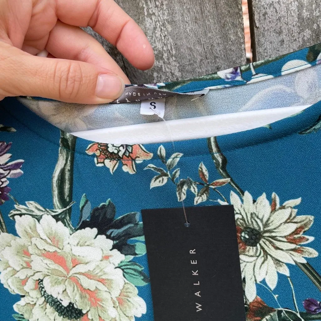 Bryn Walker Diego Tunic Size Small Floral Print Bell Sleeve Teal Blue Sz S New - Image 8
