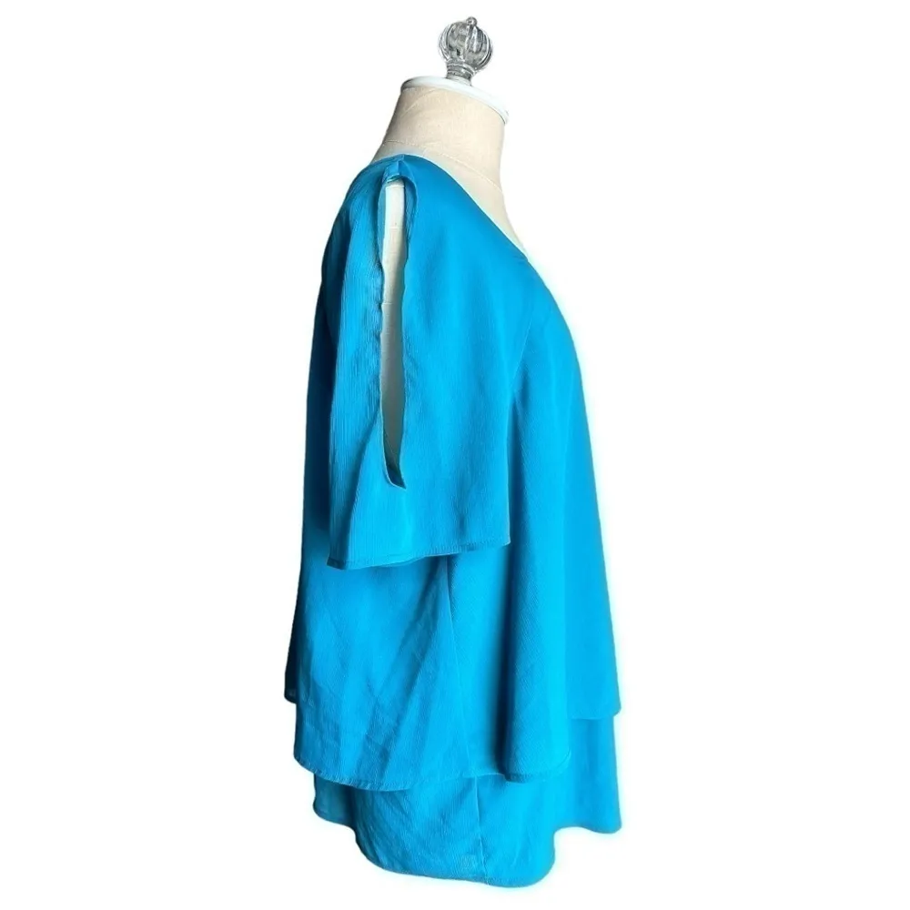 Juicy Couture Blue Teal Tiered Sheer V-Neck Cold Shoulder Blouse Size Large - Image 6