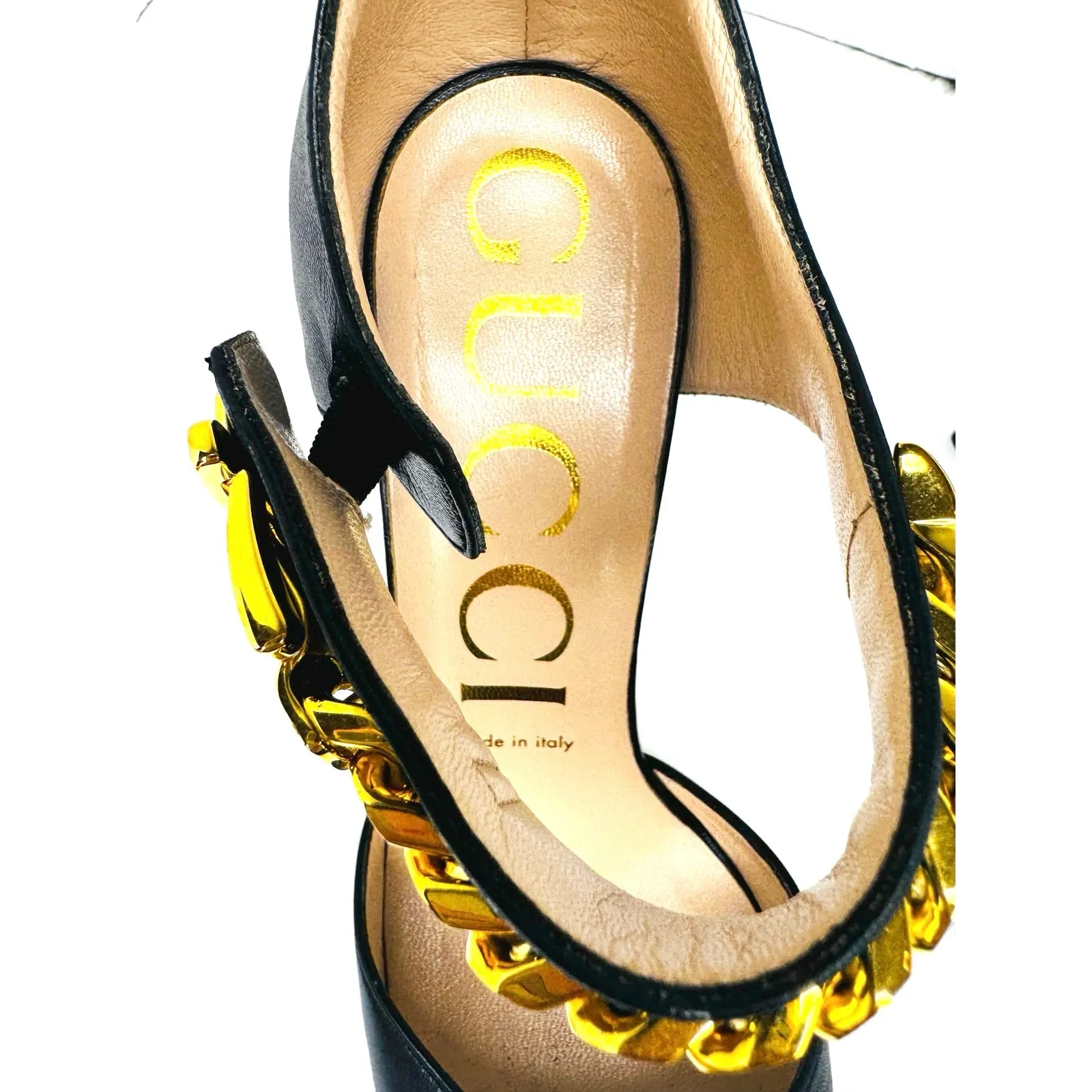 Gucci Black Malaga Kid Leather Sylvie Chain Pumps EU 38.5 Classic High Heel - Image 4