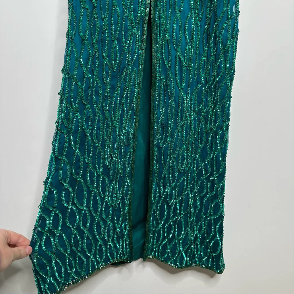 Laurence Kazar Vintage 100% Silk Green Beaded Sequin Gown Size Large - Image 7