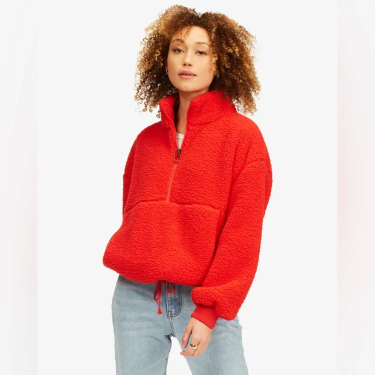 Billabong half-zip fleece sweatshirt pullover time off red 1/4 oversized - Image 3