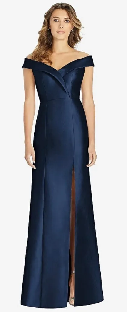 Alfred Sung Off-The-Shoulder Cuff Trumpet Gown With Front Slit Size 0 - Image 1