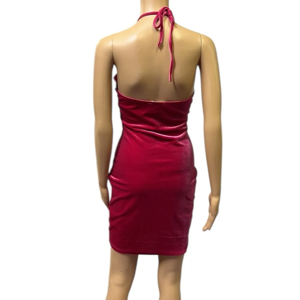 Bear Dance Pink Soft Stretch Velvet Ruched Chest Halter Mini Dress Medium - Image 6