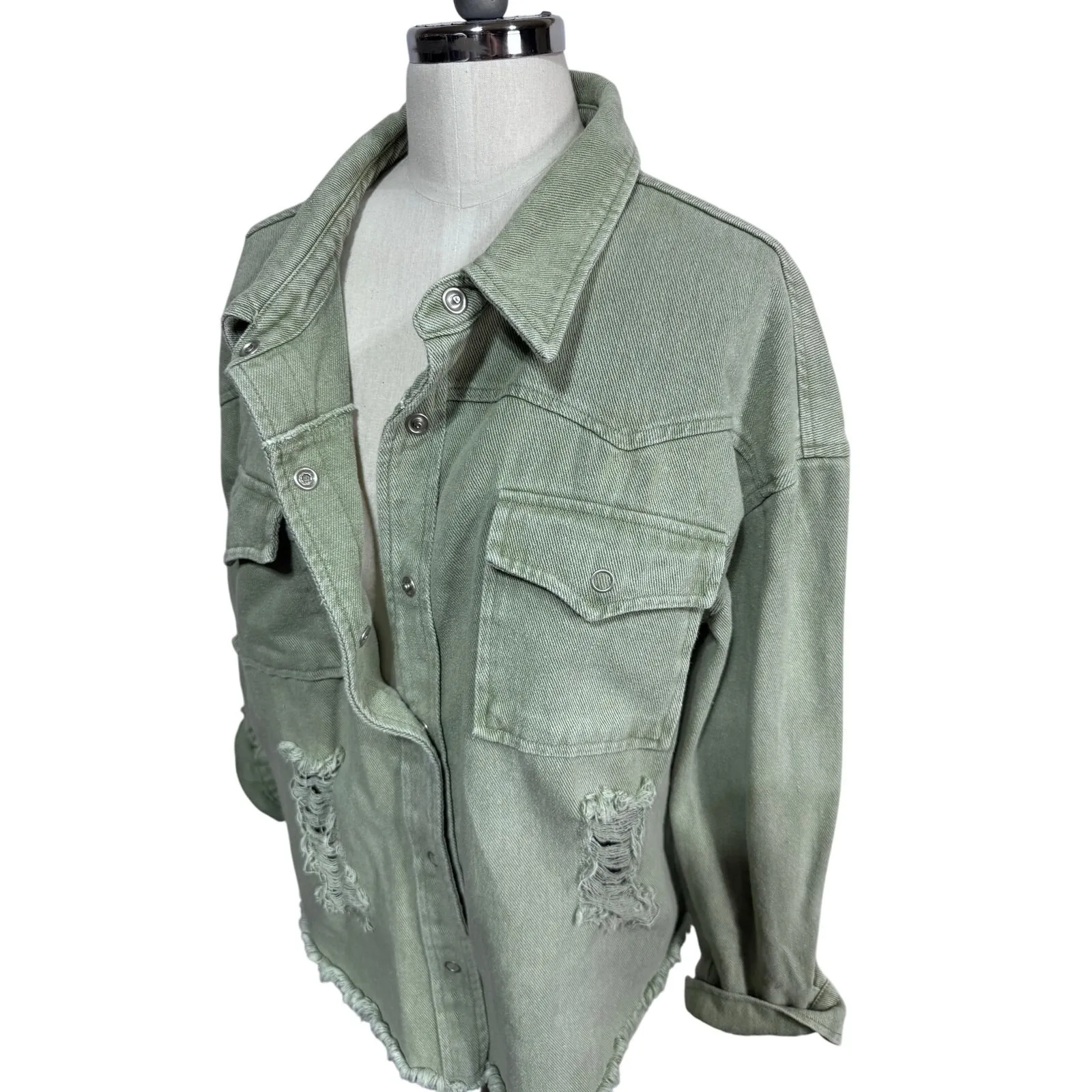 Blue B Collection Sage Green Distressed Denim Trucker Jean Jacket Size Medium - Image 2