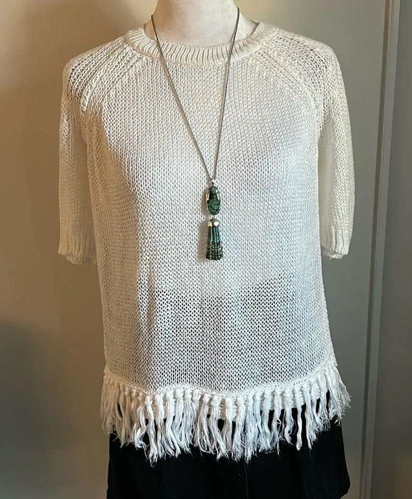 J. Crew Women’s White Linen Open Knit Short Sleeve Crewneck Fringed Hem Sweater - Image 7